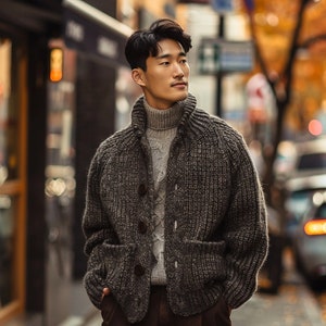 Hand-Knitted Chunky Wool Cardigan: Men's Sustainable Winter Outerwear