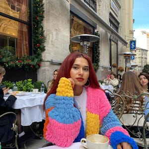 Handmade Wool Knit Cardigan: Colorful Puffy Balloon Sleeves