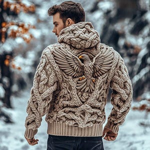 Men's Viking Tribal Eagle Celtic Chunky Knit Hooded Sweater