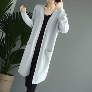 Women’s Long Cashmere Wool Blend Cardigan – V Neck Open Front Sweater with Pocket Trim