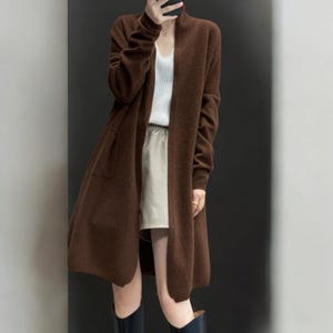 Merino Wool Long Cardigan: Open Front Knit Sweater with Pockets