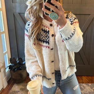 Handmade Fair Isle Cardigan Sweater, Nordic Icelandic Design, Handknit Soft Cotton Wool Blend, by Lavender Tribe Design, Christmas Sweater