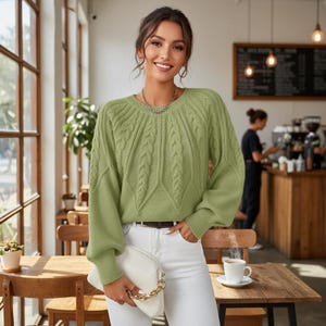 Chunky Cable Knit Sweater: Women's Balloon Sleeve Pullover