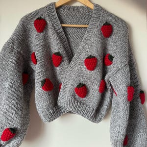 Chunky knit Cardigan Handmade Sweater strawberries cardigan heart